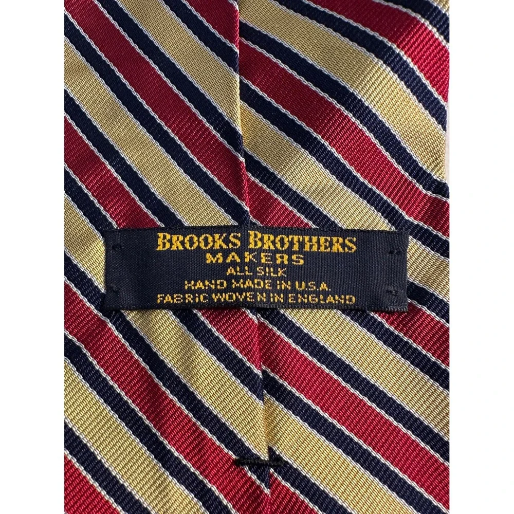 Brooks Brothers Makers Silk Repp Necktie Gold Red Navy‎ Blue Stripe Made In USA